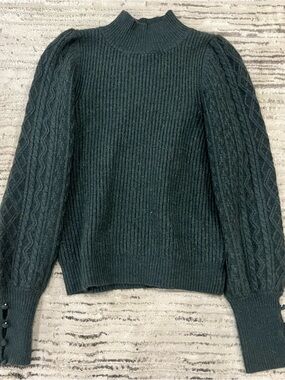 Splendid Dark Green Cable-Detail Mock Neck Sweater